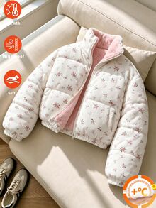 SHEIN 青少年女孩燈芯絨花卉夾克 抓絨內裡短版立領冬季外套 白色可愛街頭風休閒外套 - 彩色 - 查看 3