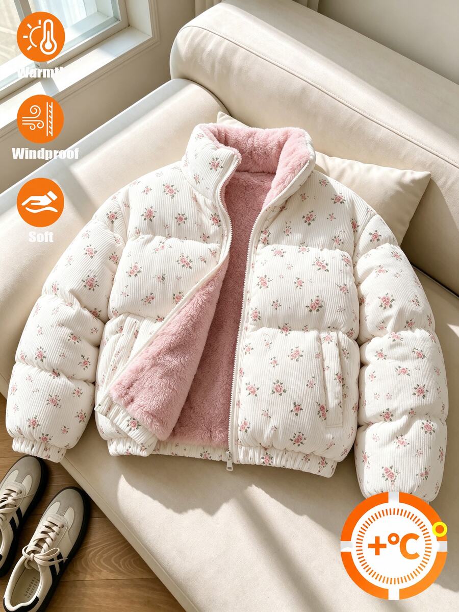 SHEIN 青少年女孩燈芯絨花卉夾克 抓絨內裡短版立領冬季外套 白色可愛街頭風休閒外套 - 彩色 - 查看 1