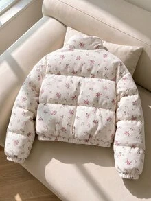 SHEIN 青少年女孩燈芯絨花卉夾克 抓絨內裡短版立領冬季外套 白色可愛街頭風休閒外套 - 彩色 - 查看 2