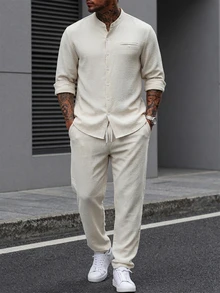 Manfinity Homme 男士純色亞麻質感半襟鈕扣休閒熱帶度假長袖襯衫與長褲套裝 - 杏色 - 查看 7