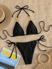 Swim Chiccia Women's Military Green Knit Jacquard Mesh Metal Accessory Strapped Knot Back Bikini Set, Suitable For Beach Music Festival In Spring/Summer - Black - View 5