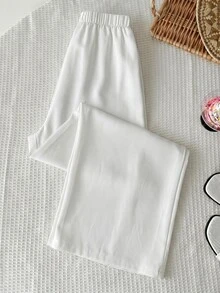 SHEIN Tween Girl Solid Casual Minimalist Comfortable Mid-Waist Straight Leg Versatile Long Pants - White - View 2
