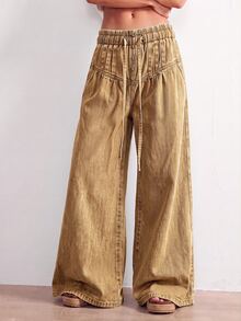 Bohemela Casual Solid Color Woven Loose Fit Women's Denim Jeans - Brown - View 4