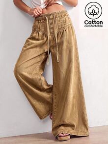 Bohemela Casual Solid Color Woven Loose Fit Women's Denim Jeans - Brown - View 1