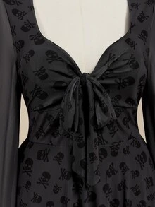 ROMWE Goth Gaun Pendek Jala Lengan Panjang Model Bustier Motif Tengkorak Gaya Y2K - Hitam - View 5