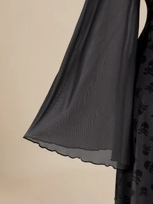 ROMWE Goth Gaun Pendek Jala Lengan Panjang Model Bustier Motif Tengkorak Gaya Y2K - Hitam - View 4