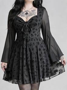 ROMWE Goth Gaun Pendek Jala Lengan Panjang Model Bustier Motif Tengkorak Gaya Y2K - Hitam - View 1