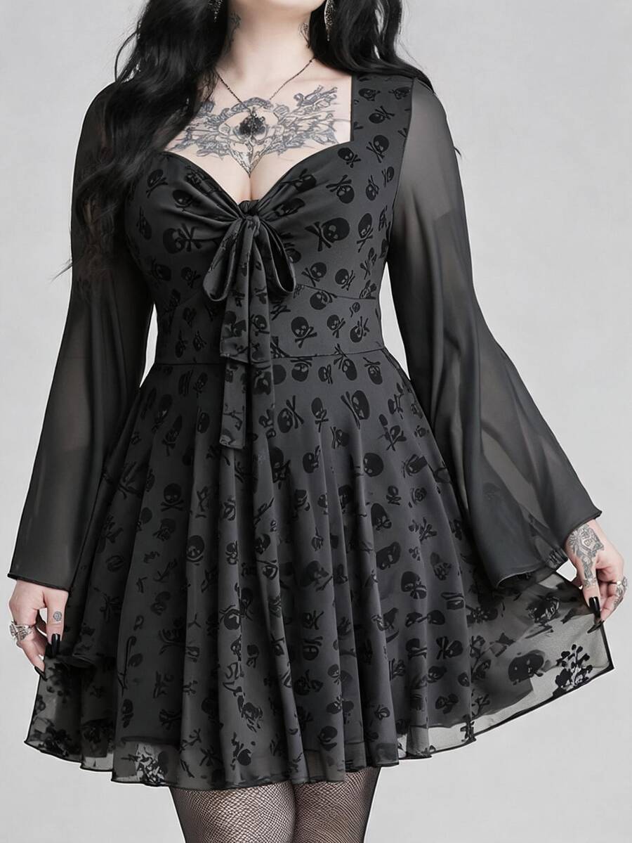 ROMWE Goth Gaun Pendek Jala Lengan Panjang Model Bustier Motif Tengkorak Gaya Y2K - Hitam - View 1