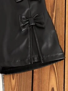 SHEIN 女童黑色休閒日常迷你蝴蝶結裝飾裙褲 PU短褲，秋季/秋冬，秋季穿搭，聖誕/萬聖節，黑色裙子 - 黑色 - 查看 5