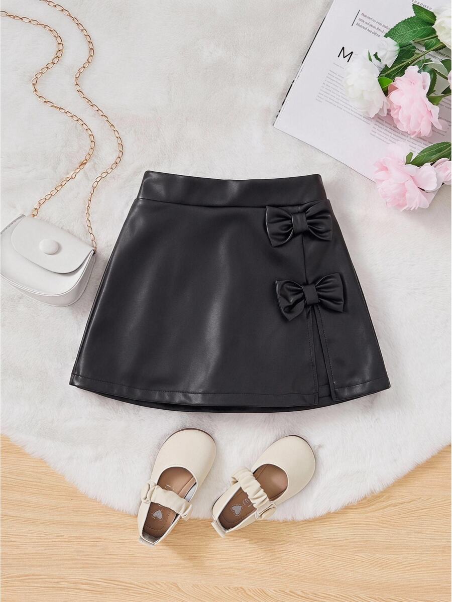SHEIN 女童黑色休閒日常迷你蝴蝶結裝飾裙褲 PU短褲,秋季/秋冬,秋季穿搭,聖誕/萬聖節,黑色裙子 - 黑色 - 查看 1