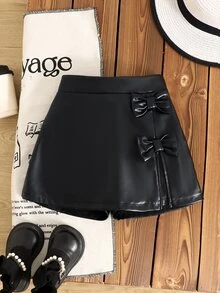 SHEIN 女童黑色休閒日常迷你蝴蝶結裝飾裙褲 PU短褲，秋季/秋冬，秋季穿搭，聖誕/萬聖節，黑色裙子 - 黑色 - 查看 7