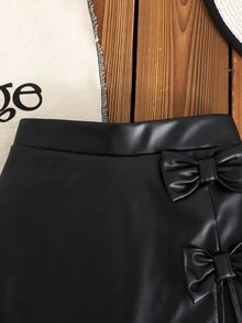 SHEIN 女童黑色休閒日常迷你蝴蝶結裝飾裙褲 PU短褲，秋季/秋冬，秋季穿搭，聖誕/萬聖節，黑色裙子 - 黑色 - 查看 6