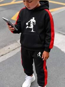 SHEIN 兒童青少年男孩休閒運動籃球圖案黑色連帽衛衣與慢跑褲套裝，基礎上衣，適合秋冬、學校、家庭聚會、度假、派對，秋季穿搭，冬季穿搭 - 彩色 - 查看 2
