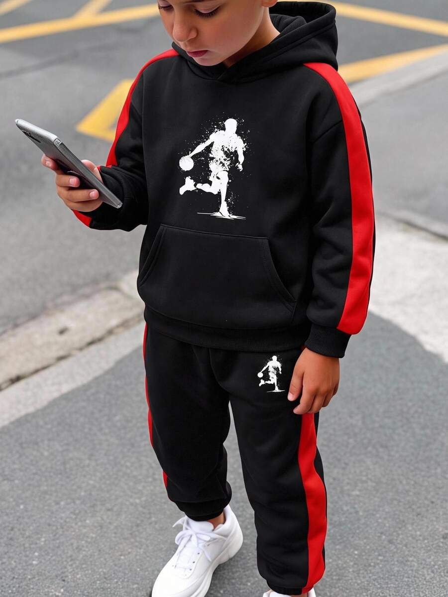 SHEIN 兒童青少年男孩休閒運動籃球圖案黑色連帽衛衣與慢跑褲套裝，基礎上衣，適合秋冬、學校、家庭聚會、度假、派對，秋季穿搭，冬季穿搭