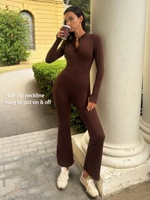 Fluxe Women's Brown Long Sleeve Front Zipper Jumpsuit With Flared Pants And Hollow Back Design - Coffee Brown - View 2
