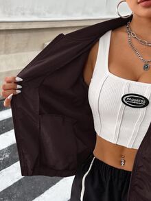 SHEIN EZwear 大尺碼女款字母印花對比色休閒日常長袖夾克 - 巧克力棕 - 查看 6