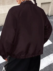 SHEIN EZwear 大尺碼女款字母印花對比色休閒日常長袖夾克 - 巧克力棕 - 查看 2