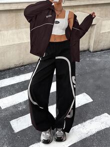 SHEIN EZwear 大尺碼女款字母印花對比色休閒日常長袖夾克 - 巧克力棕 - 查看 7