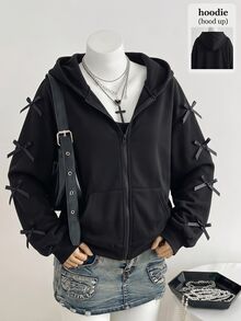 SHEIN Sparklyn Jaket Sweatshirt Gaya Korea Model Longgar Kasual Serbaguna untuk Remaja Perempuan, Cocok untuk Musim Kembali ke Sekolah - Hitam - View 1