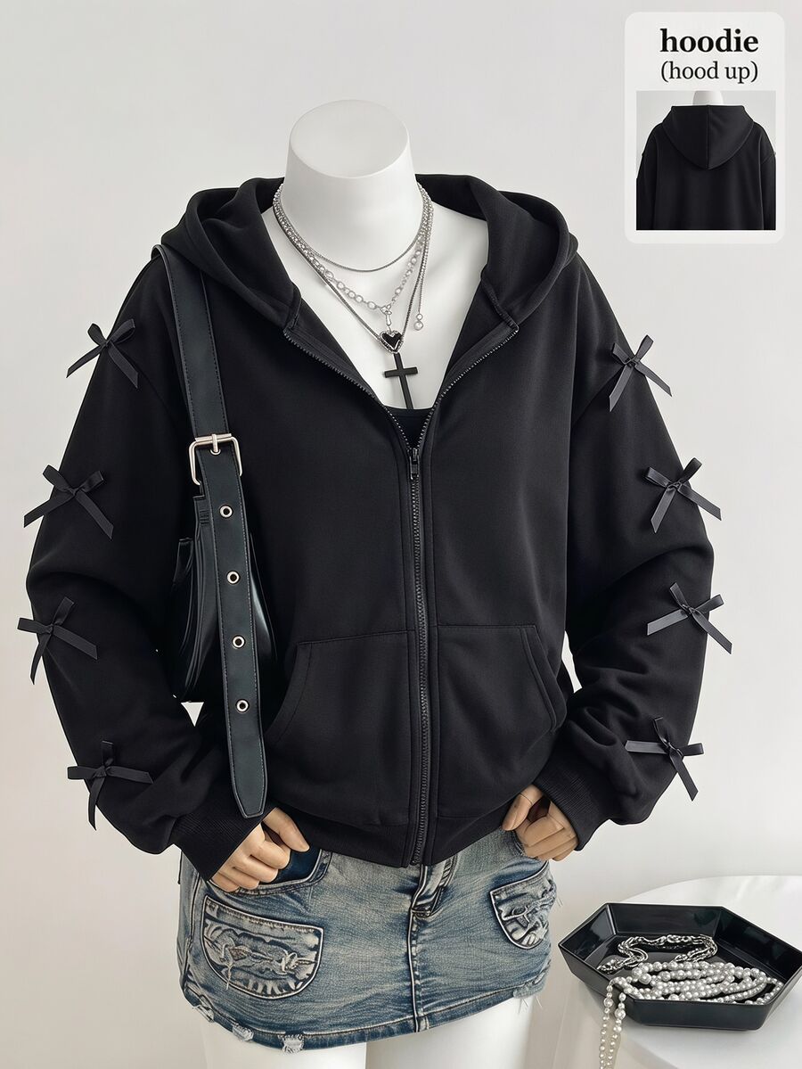 SHEIN Sparklyn Jaket Sweatshirt Gaya Korea Model Longgar Kasual Serbaguna untuk Remaja Perempuan, Cocok untuk Musim Kembali ke Sekolah - Hitam - View 1