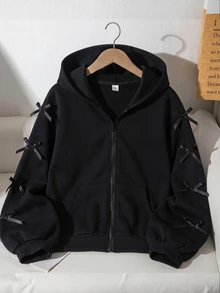 SHEIN Sparklyn Jaket Sweatshirt Gaya Korea Model Longgar Kasual Serbaguna untuk Remaja Perempuan, Cocok untuk Musim Kembali ke Sekolah - Hitam - View 4