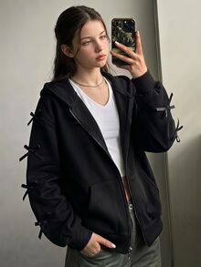 SHEIN Sparklyn Jaket Sweatshirt Gaya Korea Model Longgar Kasual Serbaguna untuk Remaja Perempuan, Cocok untuk Musim Kembali ke Sekolah - Hitam - View 3