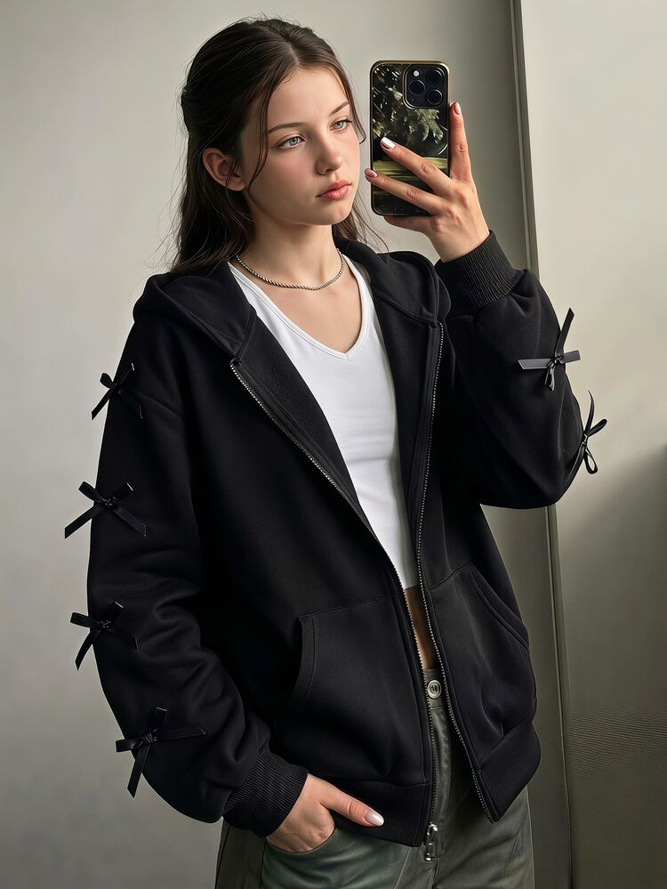 SHEIN Sparklyn Jaket Sweatshirt Gaya Korea Model Longgar Kasual Serbaguna untuk Remaja Perempuan, Cocok untuk Musim Kembali ke Sekolah - Hitam - View 3