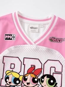 THE POWERPUFF GIRLS X SHEIN 女嬰V領短袖休閒上衣 - 白色 - 查看 4