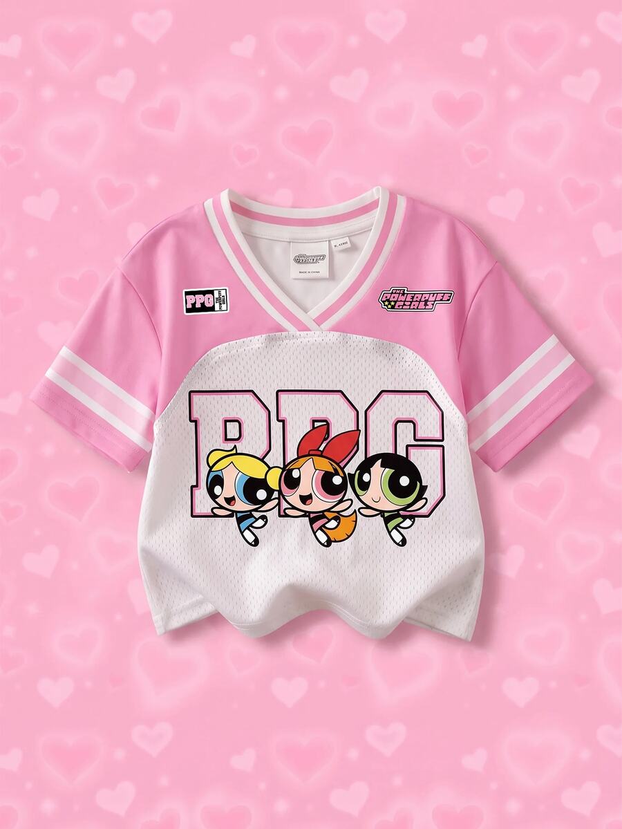 THE POWERPUFF GIRLS X SHEIN 女嬰V領短袖休閒上衣 - 白色 - 查看 1