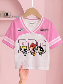 THE POWERPUFF GIRLS X SHEIN 女嬰V領短袖休閒上衣 - 白色 - 查看 3