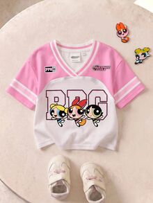 THE POWERPUFF GIRLS X SHEIN 女嬰V領短袖休閒上衣 - 白色 - 查看 8