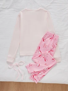少女春/秋長袖修身居家服套裝，蝴蝶結與條紋印花上衣 + 全身印花長褲 2 件套，休閒舒適修身睡衣，可愛蝴蝶結粉色圖案女童家居服，適合秋冬、居家休閒、假日派對與家庭穿搭 - 淺粉色 - 查看 2