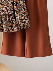 Souflis 女童碎花長袖上衣與長褲兩件套，上衣為棕色復古碎花，秋季休閒款 - 棕色 - 查看 4
