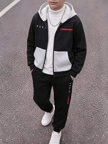 SHEIN 兒童青少年男孩休閒運動加厚黑色連帽衛衣與運動長褲套裝，適合秋冬、學校、家庭聚會、度假、派對，秋季穿搭，冬季穿搭 - 彩色 - 查看 4