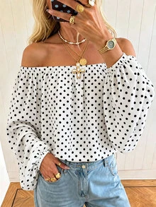 Avenya Fall Solid Color Polka Dot Elegant Vintage Chiffon Off Shoulder Loose Women's Blouse Suitable For Vacation Beach Brunch White And Black Polka Dot - Black and White - View 1