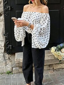 Avenya Fall Solid Color Polka Dot Elegant Vintage Chiffon Off Shoulder Loose Women's Blouse Suitable For Vacation Beach Brunch White And Black Polka Dot - Black and White - View 5