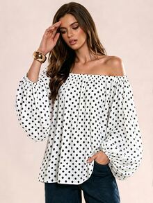 Avenya Fall Solid Color Polka Dot Elegant Vintage Chiffon Off Shoulder Loose Women's Blouse Suitable For Vacation Beach Brunch White And Black Polka Dot - Black and White - View 8