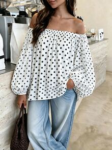 Avenya Fall Solid Color Polka Dot Elegant Vintage Chiffon Off Shoulder Loose Women's Blouse Suitable For Vacation Beach Brunch White And Black Polka Dot - Black and White - View 7
