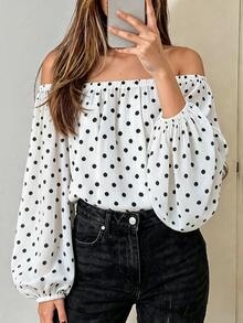 Avenya Fall Solid Color Polka Dot Elegant Vintage Chiffon Off Shoulder Loose Women's Blouse Suitable For Vacation Beach Brunch White And Black Polka Dot - Black and White - View 4