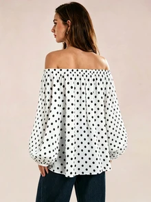 Avenya Fall Solid Color Polka Dot Elegant Vintage Chiffon Off Shoulder Loose Women's Blouse Suitable For Vacation Beach Brunch White And Black Polka Dot - Black and White - View 2