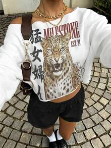 SHEIN EZwear 女款休閒街頭風豹紋露肩短版運動衫，健身舞蹈運動衫，秋冬船領寬鬆加厚長袖運動衫 - 彩色 - 查看 3