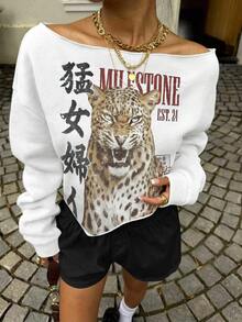 SHEIN EZwear 女款休閒街頭風豹紋露肩短版運動衫，健身舞蹈運動衫，秋冬船領寬鬆加厚長袖運動衫 - 彩色 - 查看 4