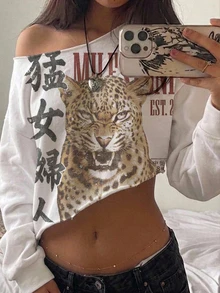 SHEIN EZwear 女款休閒街頭風豹紋露肩短版運動衫，健身舞蹈運動衫，秋冬船領寬鬆加厚長袖運動衫 - 彩色 - 查看 5