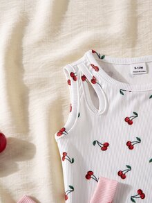 SHEIN Playful Pals 4pcs/Set Baby Girls Summer Cherry Strawberry Print Tank Top Holiday Red And White Cherry Red Pink Dark Red Cute Vacation Cute - Pink - View 8