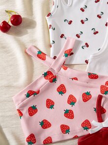 SHEIN Playful Pals 4pcs/Set Baby Girls Summer Cherry Strawberry Print Tank Top Holiday Red And White Cherry Red Pink Dark Red Cute Vacation Cute - Pink - View 4