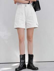 Dazy-Less 女款高腰白色雙扣棉質休閒寬鬆收口對比縫線牛仔短褲，適合春夏日常白天穿著 - 白色 - 查看 3