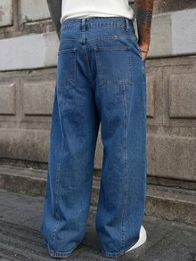 QuarKem Men's High-Quality Washed Blue Denim Jeans, Versatile Retro Loose Fit Long Pants - Medium Wash - View 2