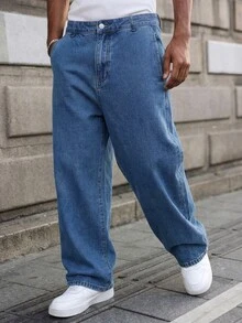 QuarKem Men's High-Quality Washed Blue Denim Jeans, Versatile Retro Loose Fit Long Pants - Medium Wash - View 1