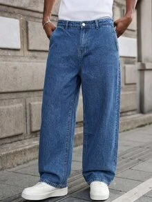 QuarKem Men's High-Quality Washed Blue Denim Jeans, Versatile Retro Loose Fit Long Pants - Medium Wash - View 4