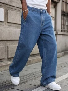 QuarKem Men's High-Quality Washed Blue Denim Jeans, Versatile Retro Loose Fit Long Pants - Medium Wash - View 6